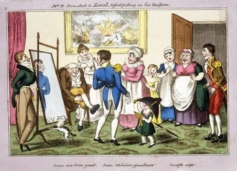 herra B. ylennettiin luutniksi. ja pukeutui ensimmäisen kerran univormunsa, 1835 (käsinvärinen akvatinta)